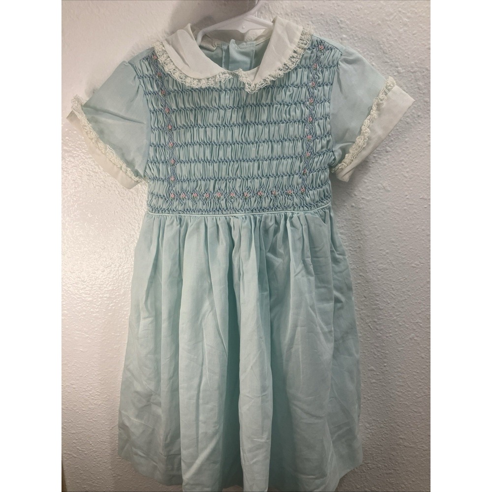 Vintage Polly Flinders Hand Smocked Dress Scallop Collar Size 6 Aqua Color